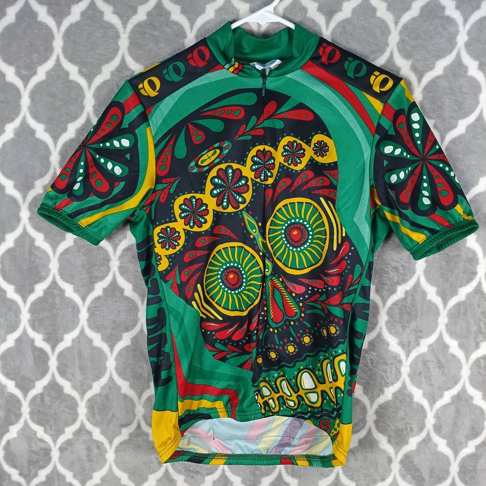 Pearl Izumi Cycling Jersey Womens SM Green Sugar Skull Short Sleeve Zip Top